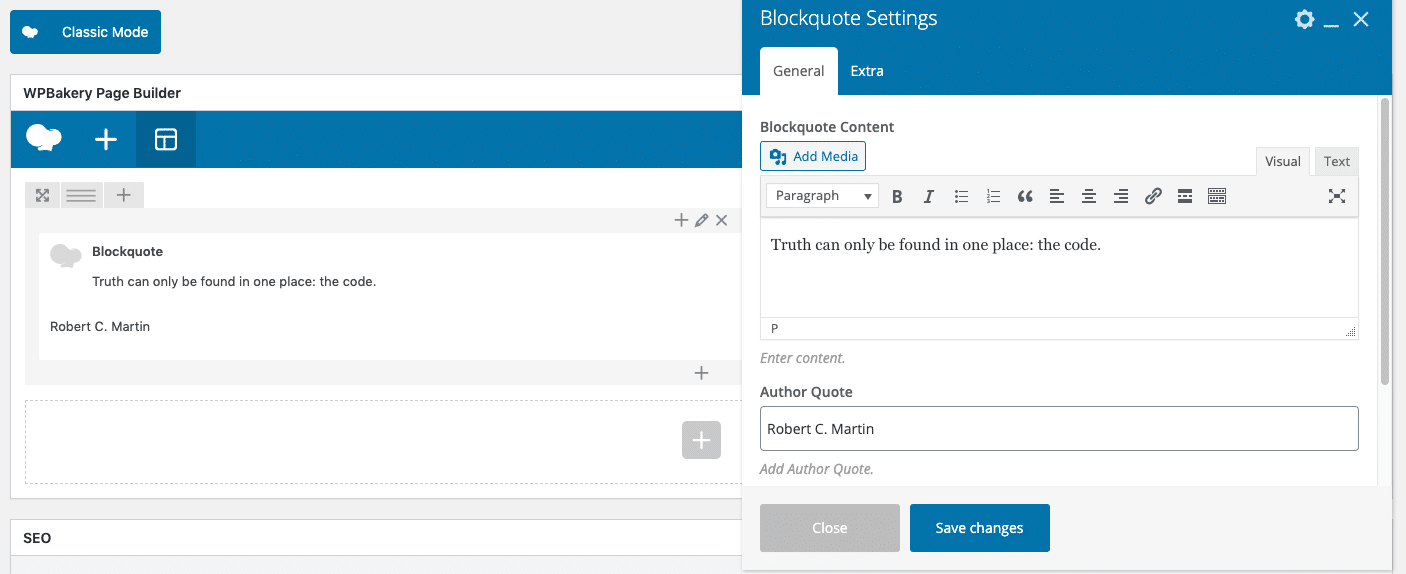 WPBakery Component Showing in WordPress interface. It displays the fields it can be filled to display the Blockquote compoennt