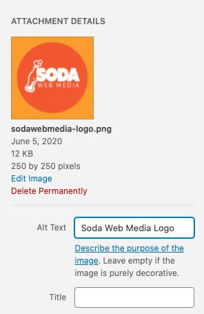 WordPress media gallery example on how to add alt attribute to an image