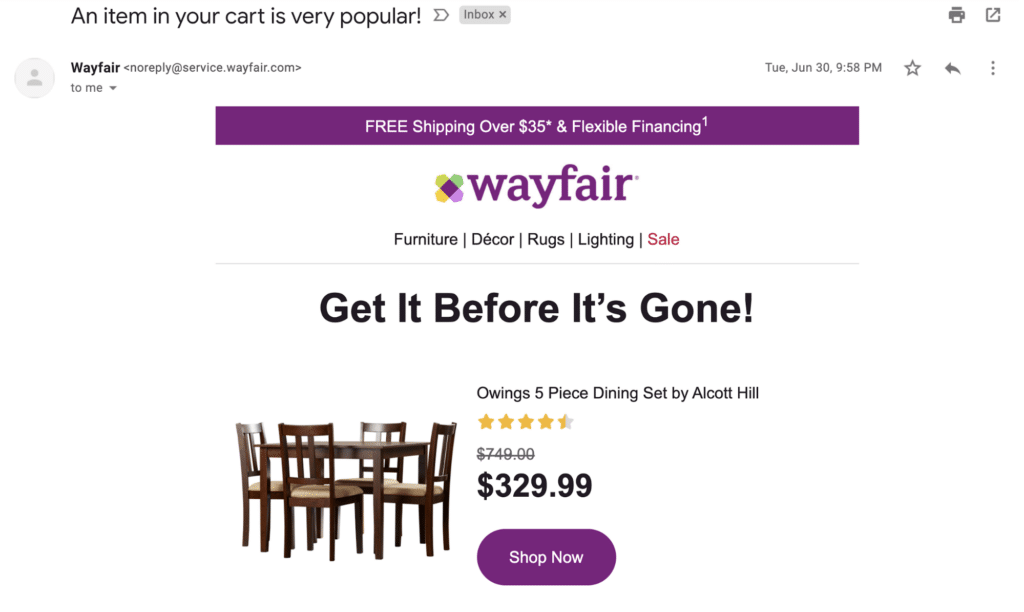 Wayfair abandoned card remainder