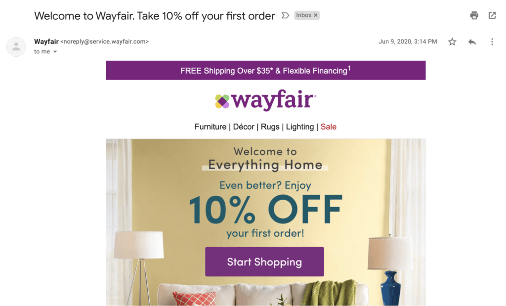 Wayfair abandoned cart coupon