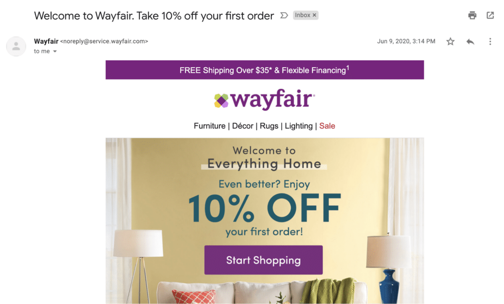 Wayfair abandoned cart coupon