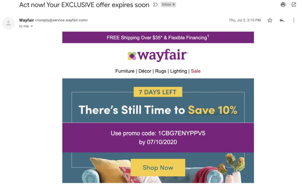 Wayfair Email Drip Campaign offering a 10% coupon code