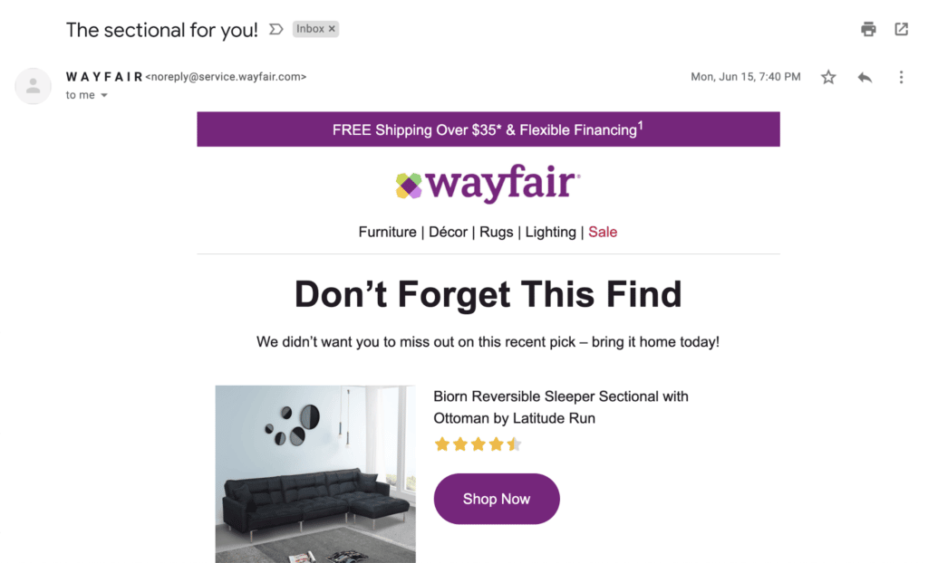 Wayfair email to remind about a product