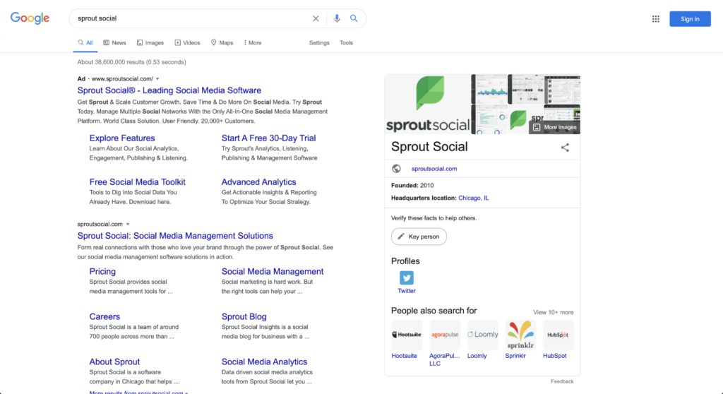Google Search view of the term "Sprout Social"