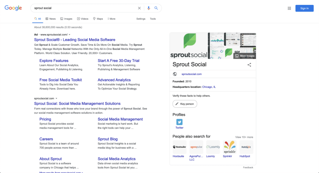 Google Search view of the term "Sprout Social"