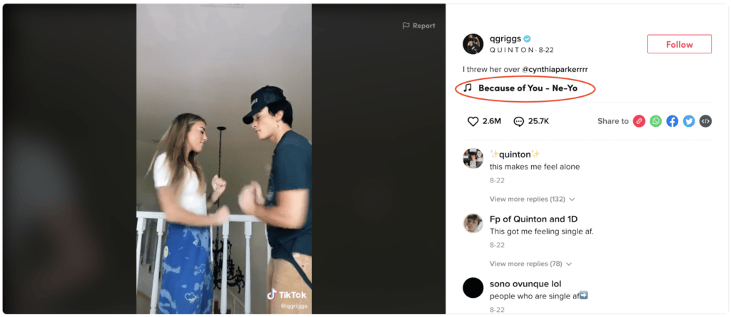 TikTok screenshot showing where you can filter the by song name, which can be found under the description