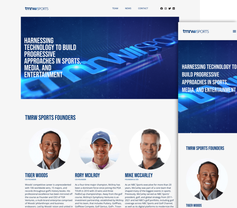 TMRW Sports website homepage with founders' portraits.