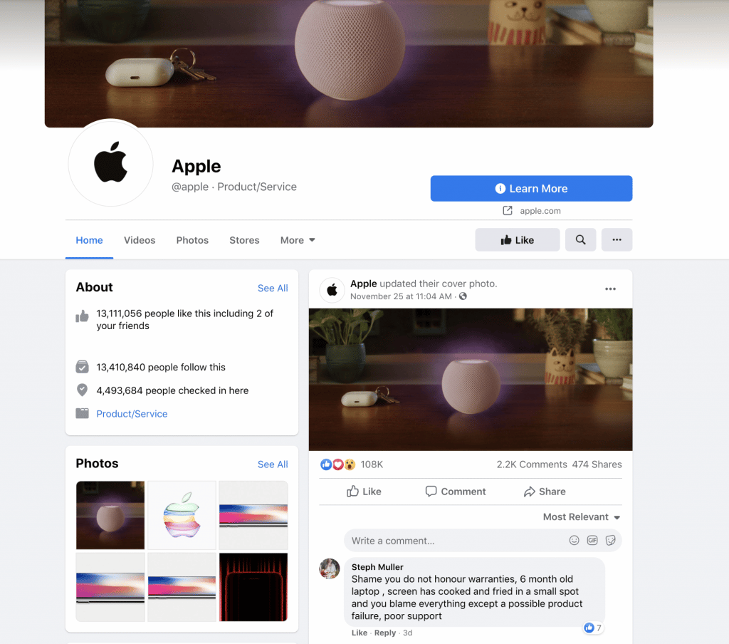 Apple's profile on facebook.