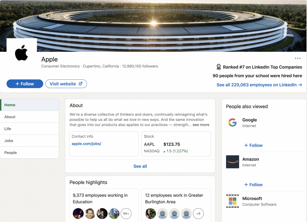 Apple's profile on LinkedIn.
