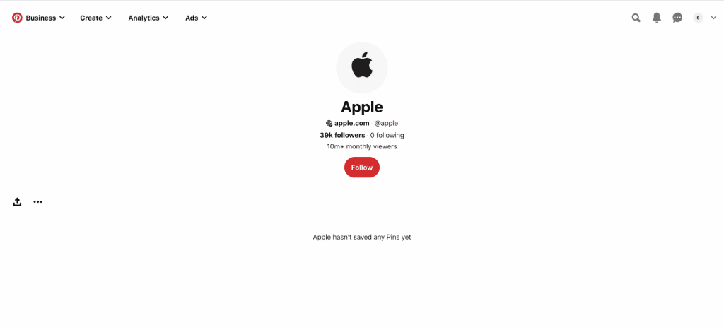 Apple's profile on Pinterest.