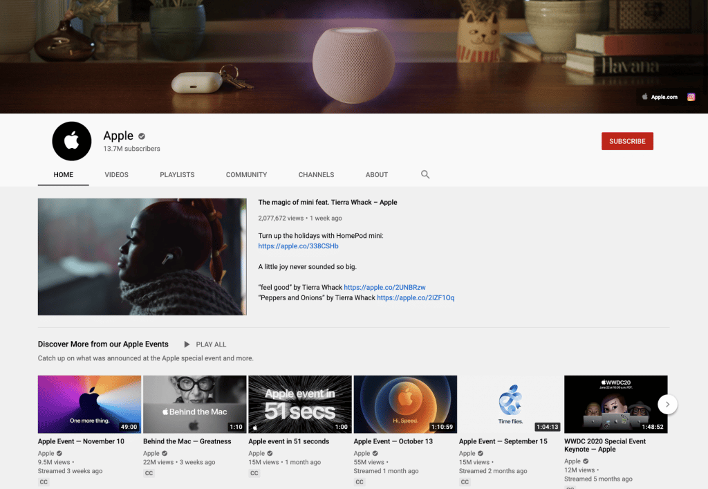 Apple's profile on YouTube.