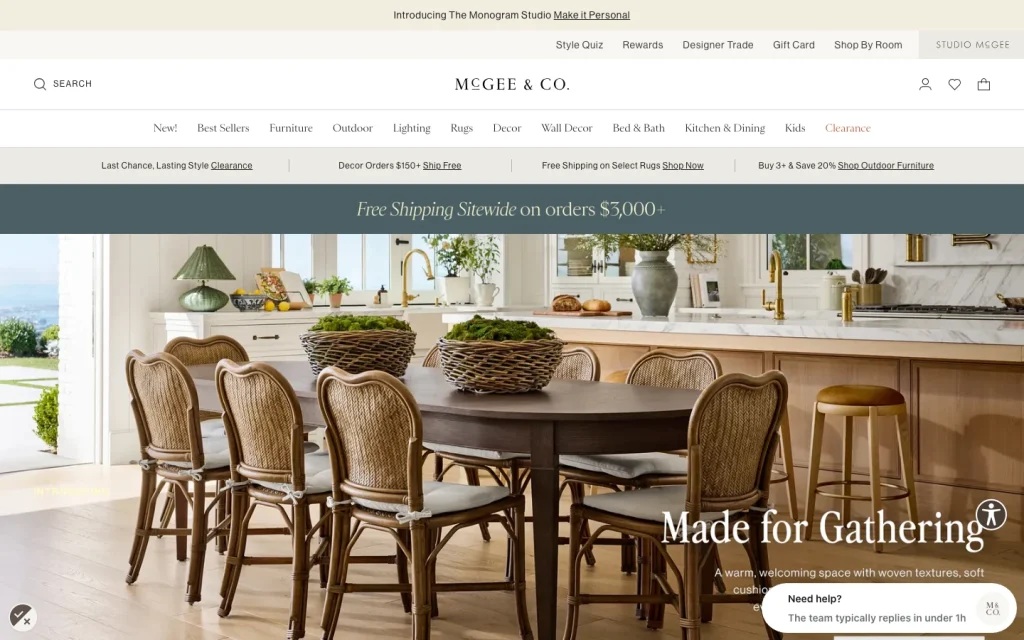 McGee & Co. homepage screenshot — 'Made for Gathering' styled dining room hero with woven dining chairs and centerpieces.