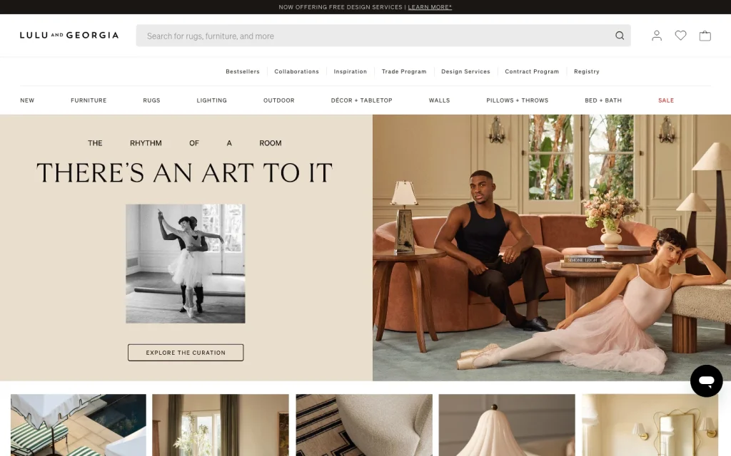 Lulu and Georgia homepage screenshot — 'There's an Art to It' editorial hero, modern living room with terracotta sofa, dancing figure overlay.