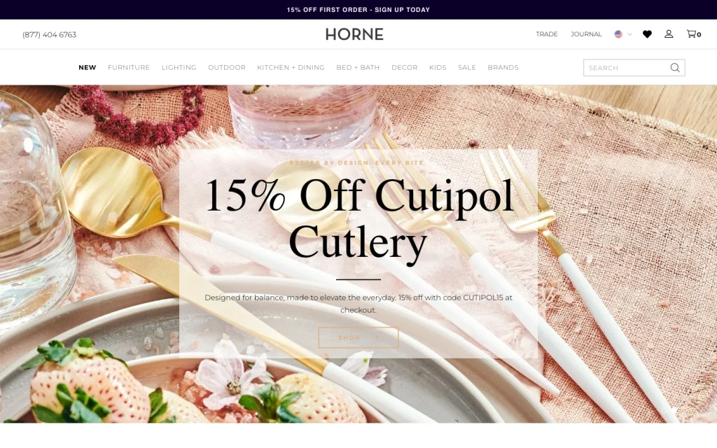 HORNE homepage screenshot — '15% Off Cutipol Cutlery' promotional hero with curated tabletop styling and pink linen napkin.