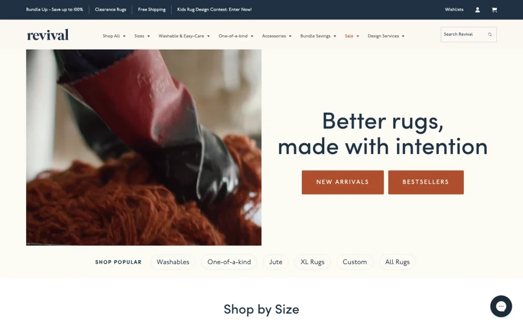Revival Rugs homepage screenshot — 'Better rugs, made with intention' hero, stacked terracotta and burgundy rug detail, faceted Shop Popular nav.