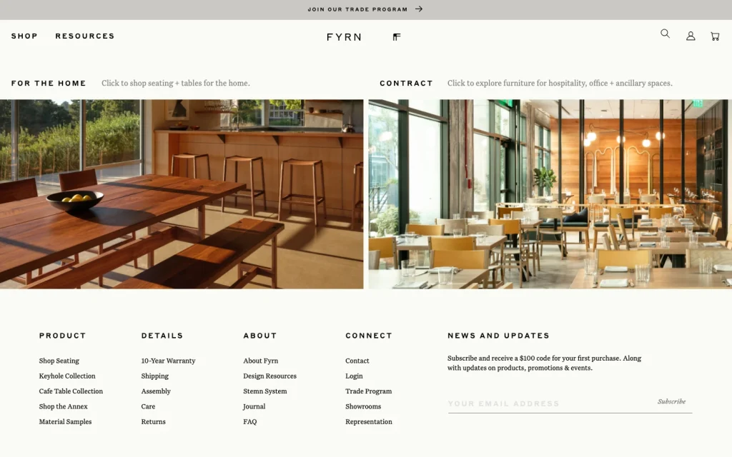 Fyrn homepage screenshot — split For The Home and Contract layout featuring modular wood seating in a daylit modern interior.