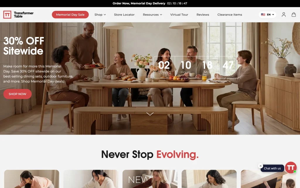 Transformer Table homepage screenshot — Memorial's Day Sale split-screen takeover with a family styling an extended dining table.