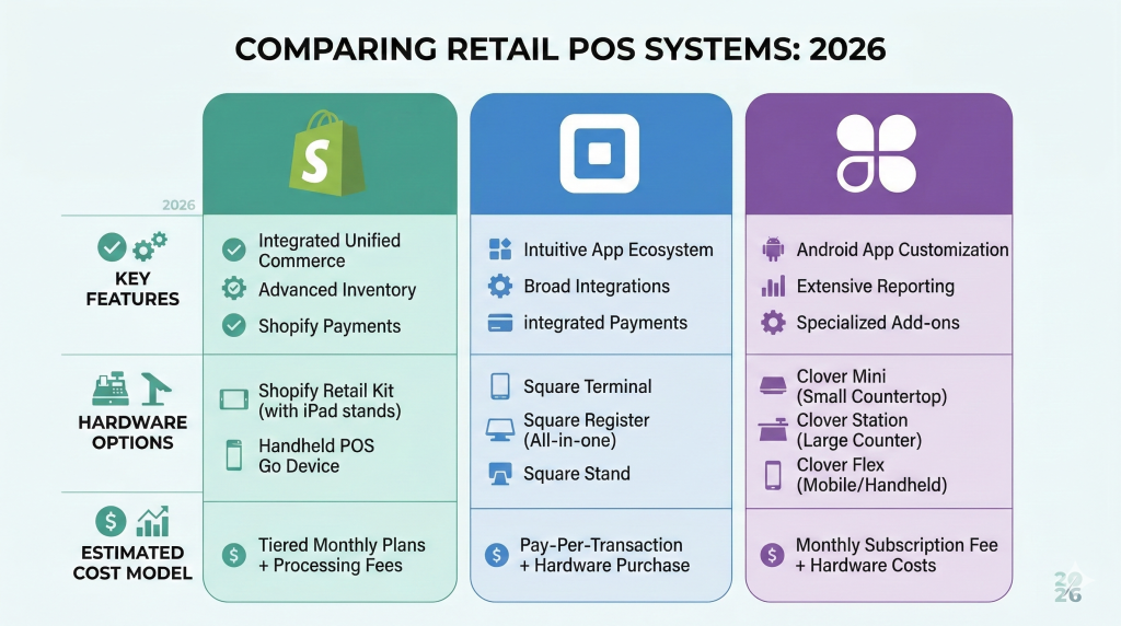 comparing shopify pos, square, and clover for retail stores in 2026