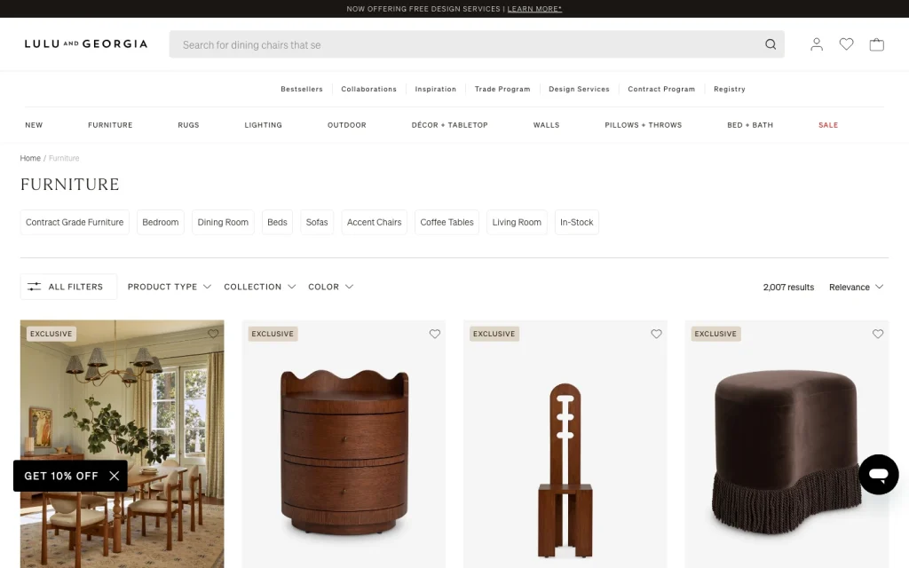 Lulu and Georgia furniture collection page screenshot — furniture grid with category filters by room and style alongside curated lifestyle product imagery.