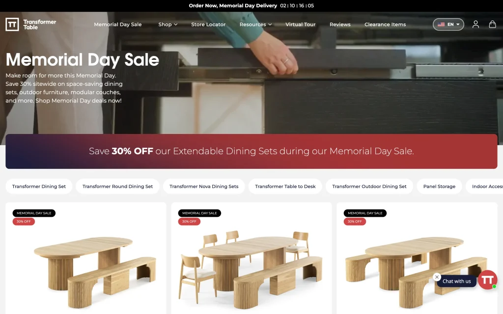 Transformer Table homepage screenshot — Mother's Day Sale split-screen takeover with women styling an outdoor extended dining table.