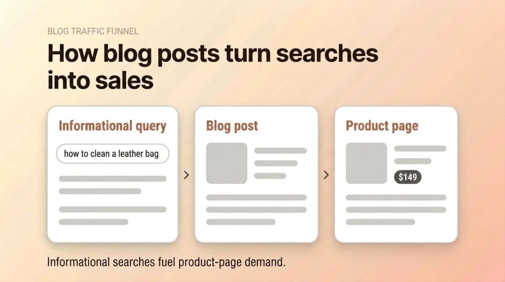 Editorial infographic showing how informational search queries flow through a blog post to a Shopify product page