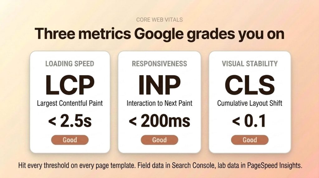 Core Web Vitals thresholds for LCP INP and CLS showing Good ratings for each metric