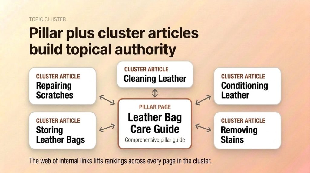 Topic cluster diagram showing pillar page connected to supporting cluster articles with internal links