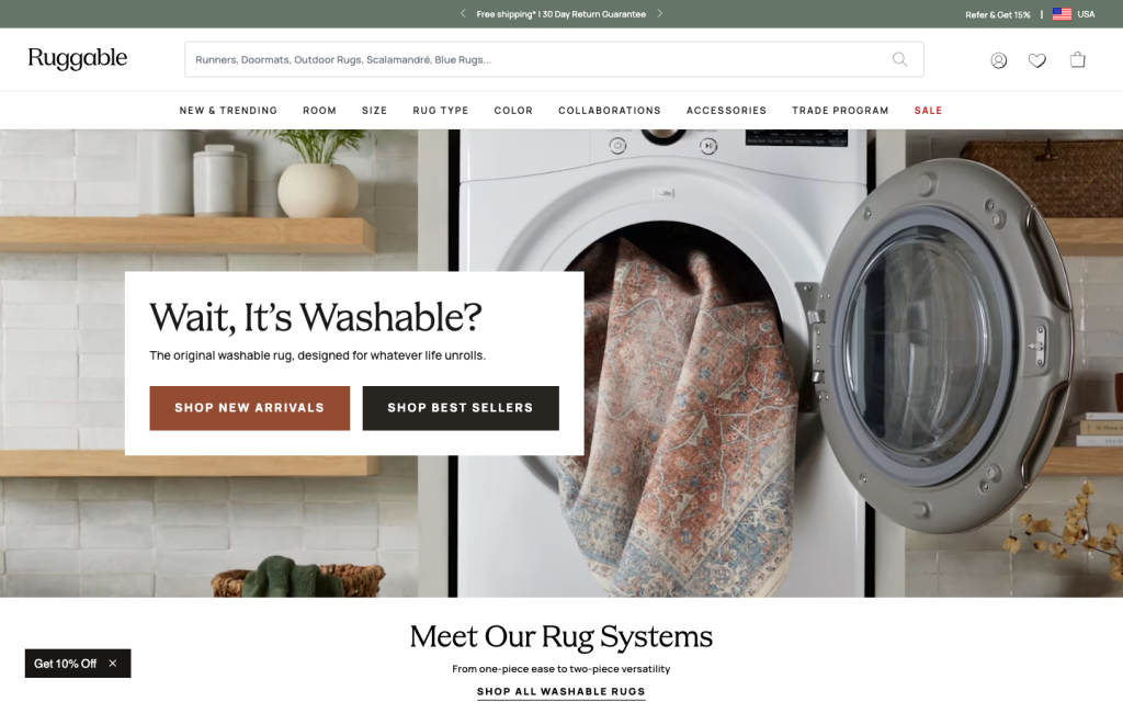 Ruggable How It Works page screenshot — 'Wait, It's Washable?' hero with washing machine, rug, and Shop New Arrivals CTA.