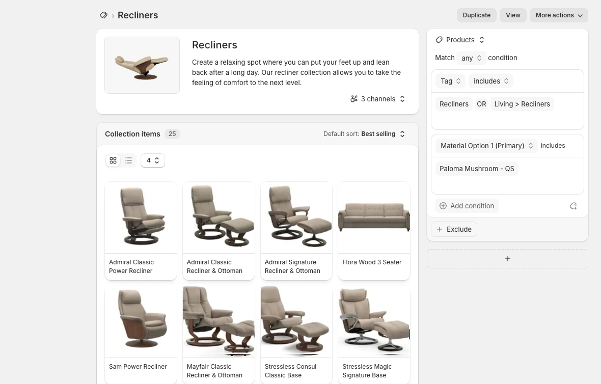 Shopify admin collection filtered to the Paloma Mushroom colorway using tag and material option conditions