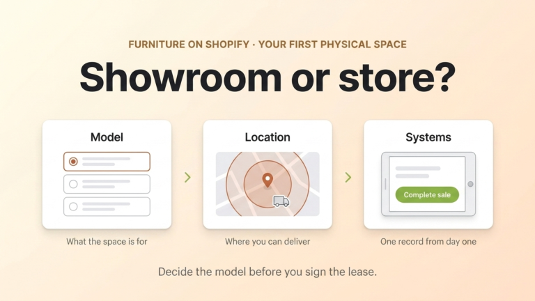 Three-card flow showing the decisions behind a furniture brand's first showroom: model, location and Shopify POS systems