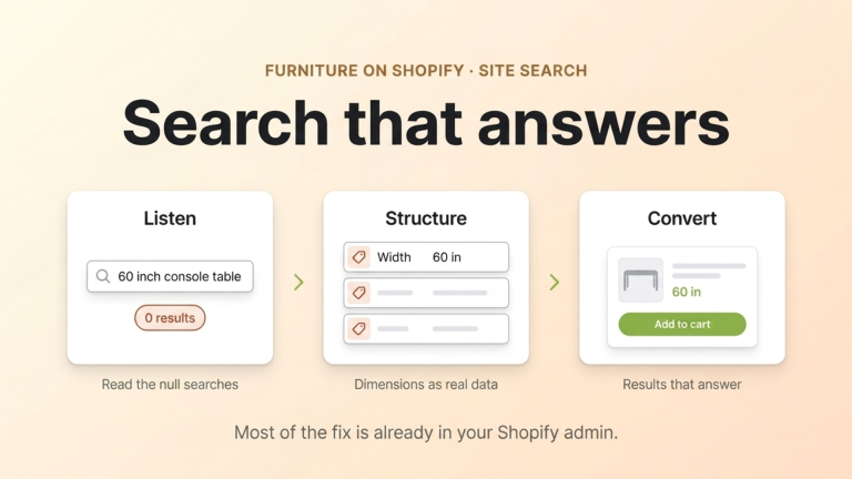 Three-card flow for improving furniture store site search: read null searches, structure dimensions as data, return results that answer